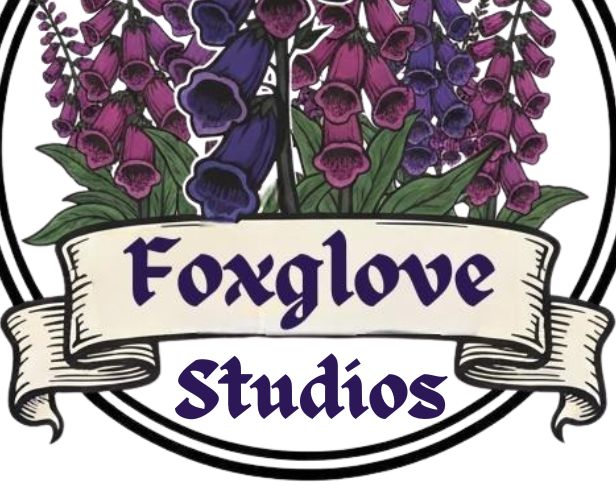 Logo of Foxglove Studios with purple foxglove flowers and a banner.